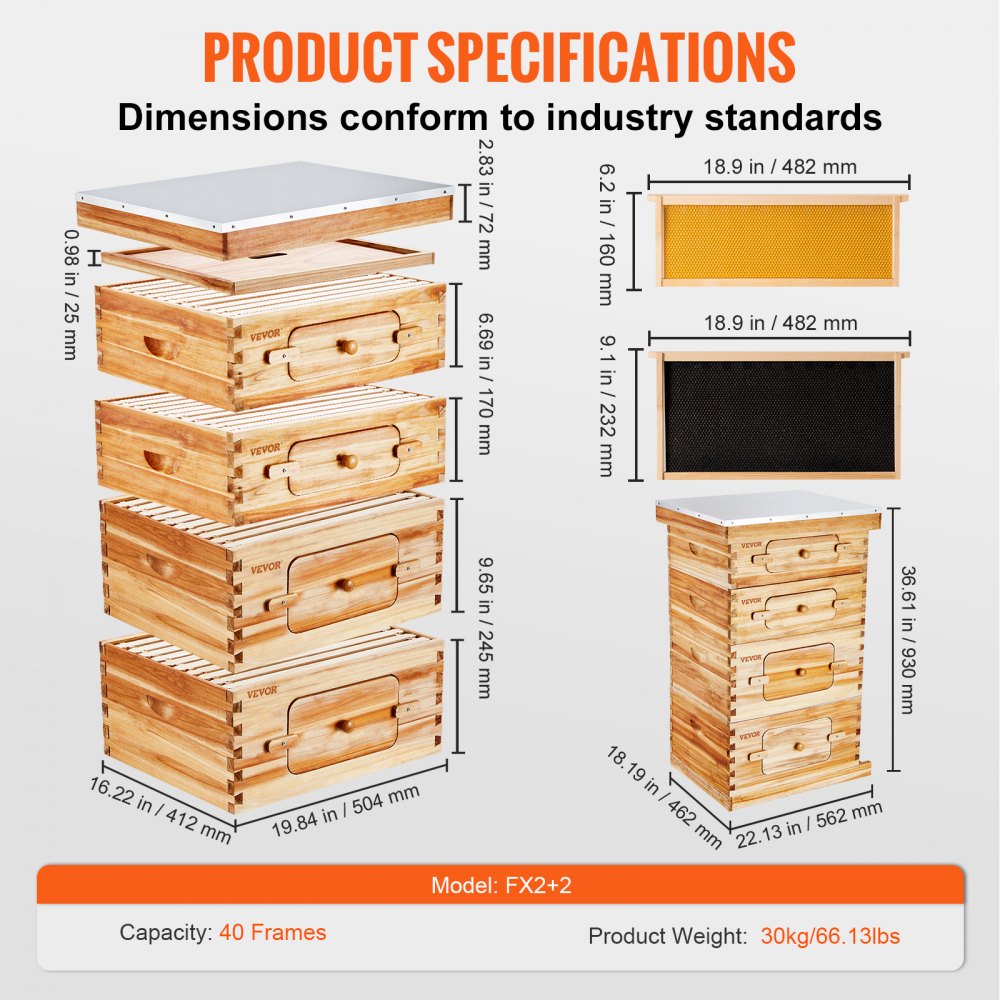 Cedar wood beehive kit with beeswax coating, featuring transparent windows and 40-frame capacity.