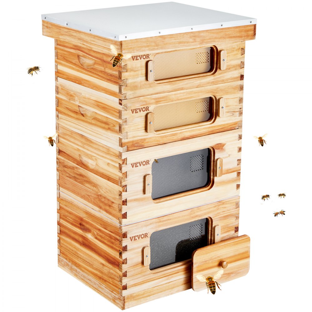 Cedar wood Langstroth beehive kit with beeswax coating and transparent windows for monitoring bees.