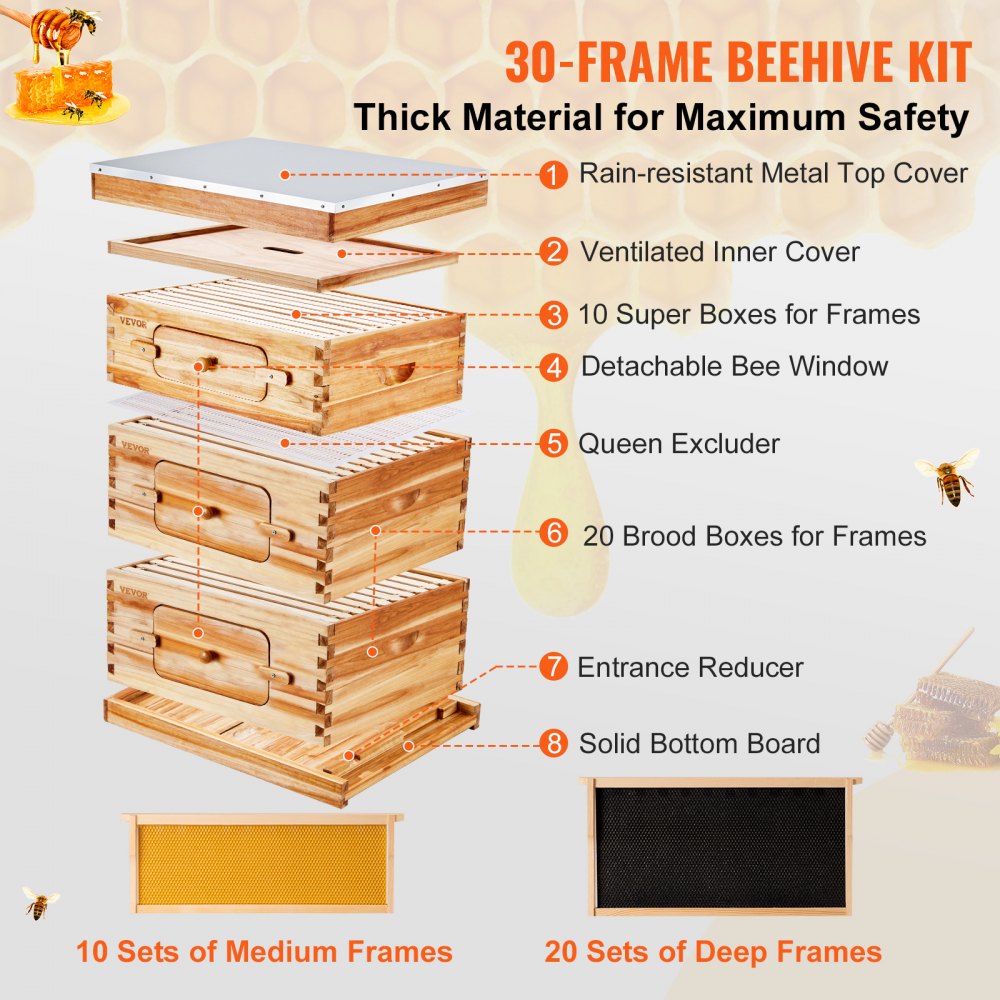 Assembled 30-frame Langstroth beehive kit made of cedar wood with acrylic windows.