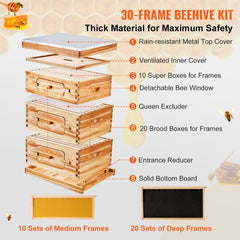 Assembled 30-frame Langstroth beehive kit made of cedar wood with acrylic windows.