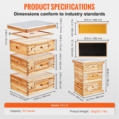 Cedar wood Langstroth beehive kit with 30 frames and acrylic windows, showing dimensions.