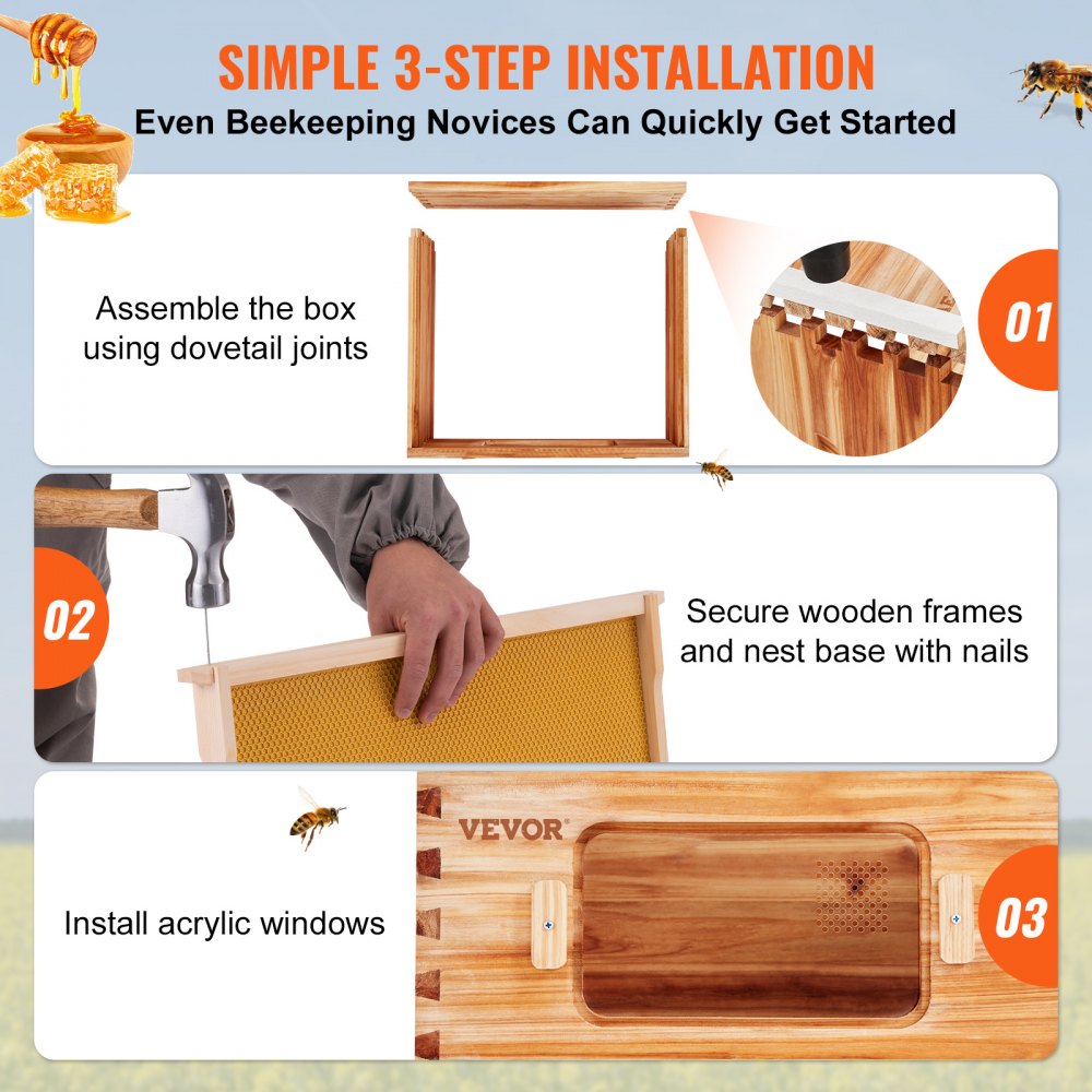 Cedar wood Langstroth beehive kit with 10 frames and transparent acrylic windows for monitoring.