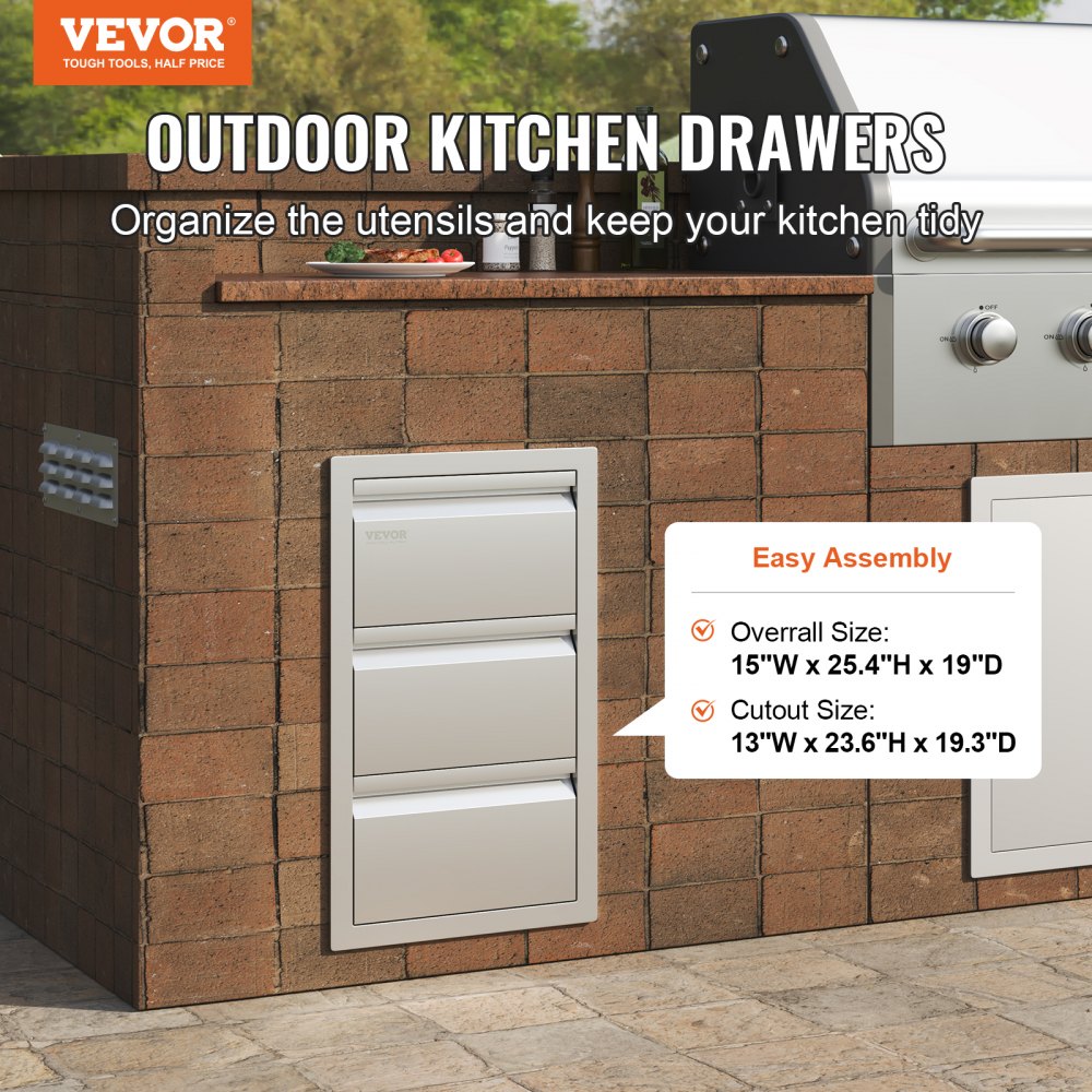 Outdoor Kitchen Drawers 14.7" W x 25.4" H x 18.7" D, Box Frame Style Flush Mount BBQ Drawers with Stainless Steel Handle, BBQ Island Drawers for Outdoor Kitchens or Patio Grill Station