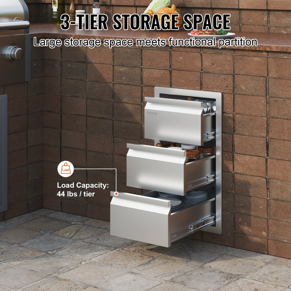 Outdoor Kitchen Drawers 14.7" W x 25.4" H x 18.7" D, Box Frame Style Flush Mount BBQ Drawers with Stainless Steel Handle, BBQ Island Drawers for Outdoor Kitchens or Patio Grill Station