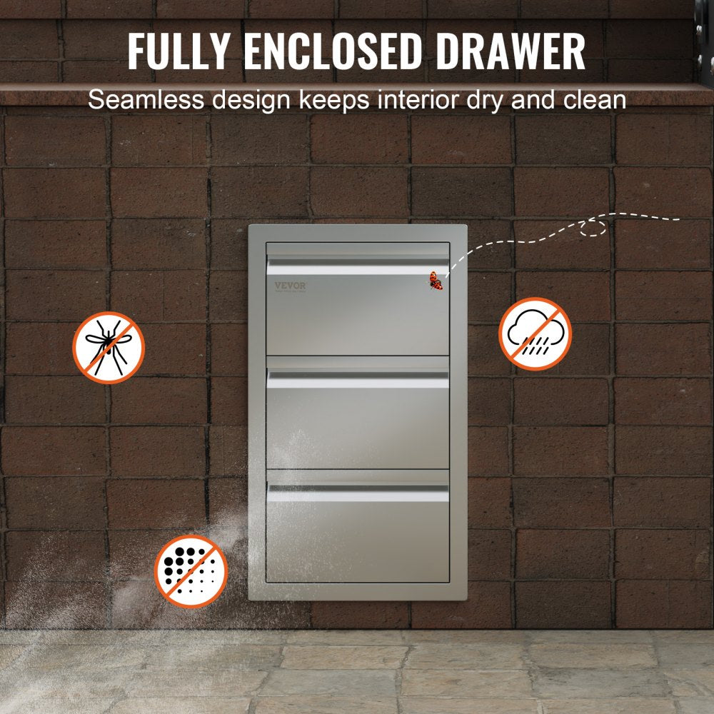Outdoor Kitchen Drawers 14.7" W x 25.4" H x 18.7" D, Box Frame Style Flush Mount BBQ Drawers with Stainless Steel Handle, BBQ Island Drawers for Outdoor Kitchens or Patio Grill Station