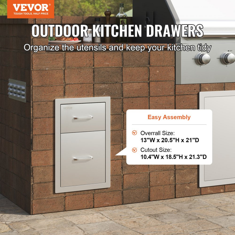 Outdoor Kitchen Drawers 13" W x 20.4" H x 20.8" D, Flush Mount Double BBQ Access Drawers with Stainless Steel Handle, BBQ Island Drawers for Outdoor Kitchens or Patio Grill Station