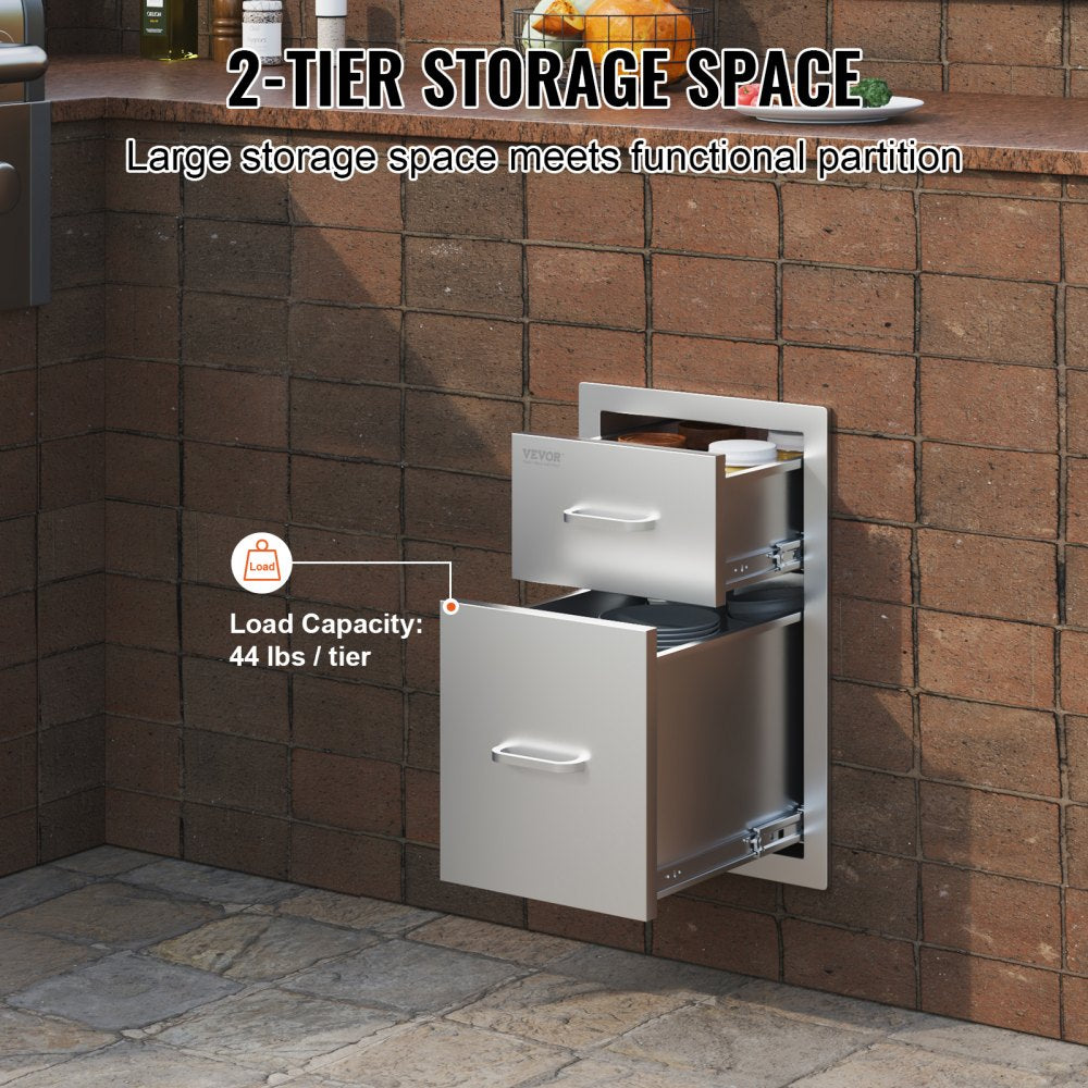 Outdoor Kitchen Drawers 13" W x 20.4" H x 20.8" D, Flush Mount Double BBQ Access Drawers with Stainless Steel Handle, BBQ Island Drawers for Outdoor Kitchens or Patio Grill Station
