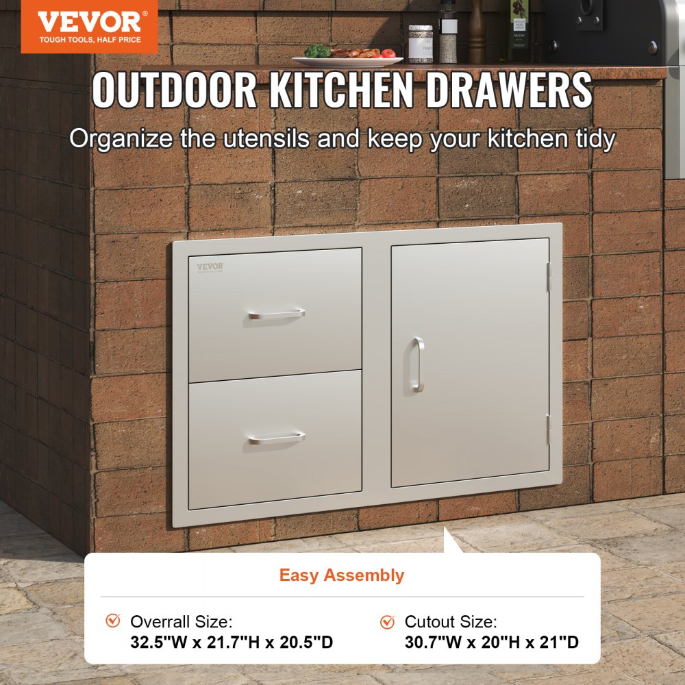 Outdoor Kitchen Door Drawer Combo 32.5" W x 21.6" H x 20.5``D, Access Door/Double Drawers with Paper Towel Rack, BBQ Island Drawers with Stainless Steel Handles for Outdoor Kitchen