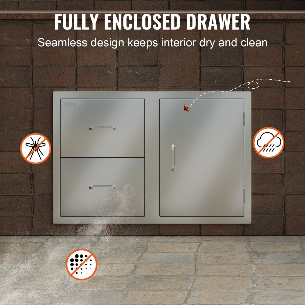 Outdoor Kitchen Door Drawer Combo 32.5" W x 21.6" H x 20.5``D, Access Door/Double Drawers with Paper Towel Rack, BBQ Island Drawers with Stainless Steel Handles for Outdoor Kitchen