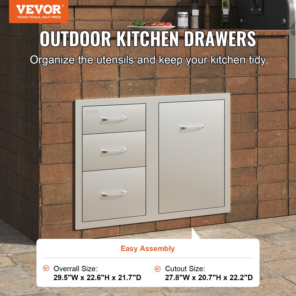 Outdoor Kitchen Door Drawer Combo 29.5" W x 22.6" H x 21.7``D, Access Door/Triple Drawers with Propane Drawer and Adjustable Garbage Ring, Perfect for BBQ Island Patio Grill Station