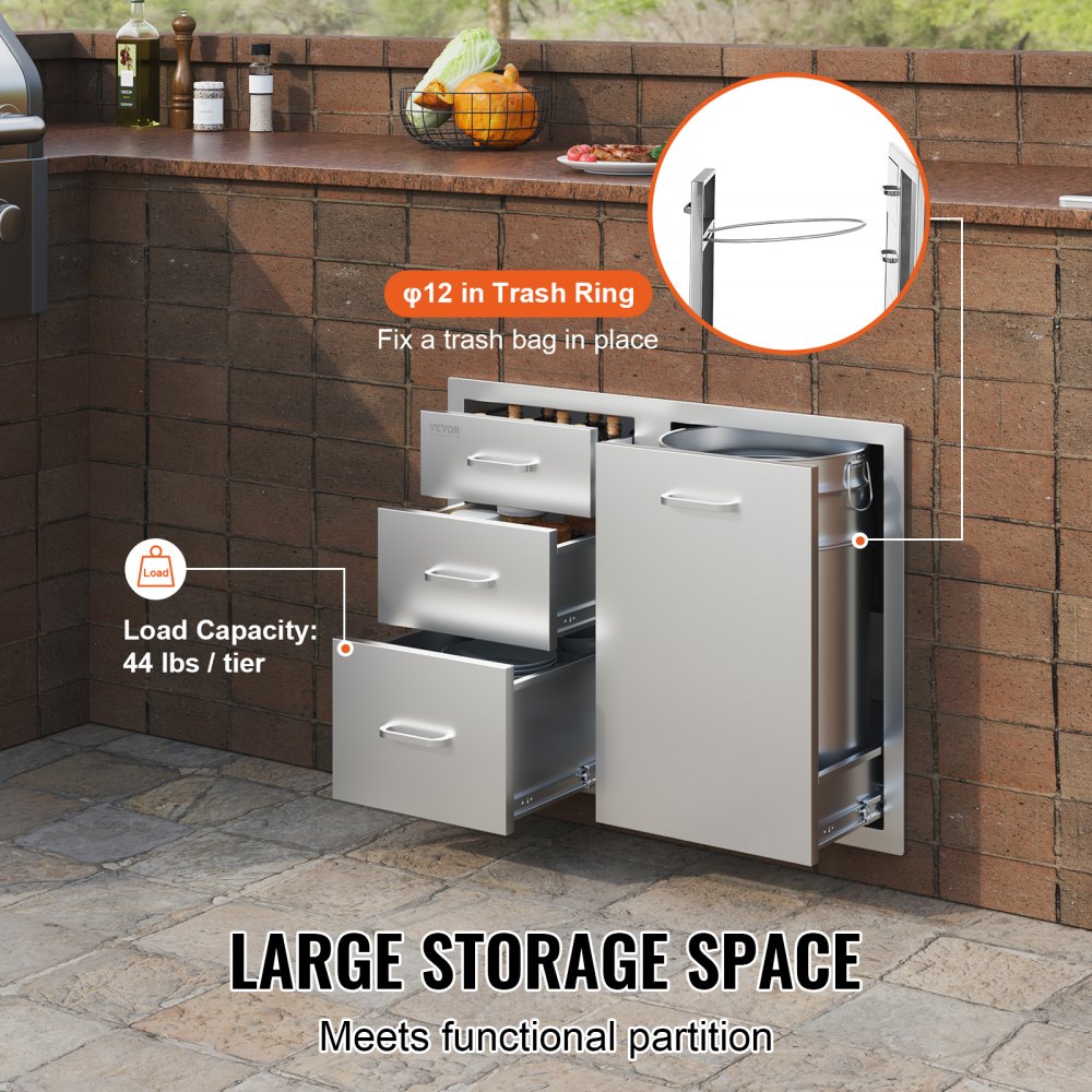 Outdoor Kitchen Door Drawer Combo 29.5" W x 22.6" H x 21.7``D, Access Door/Triple Drawers with Propane Drawer and Adjustable Garbage Ring, Perfect for BBQ Island Patio Grill Station