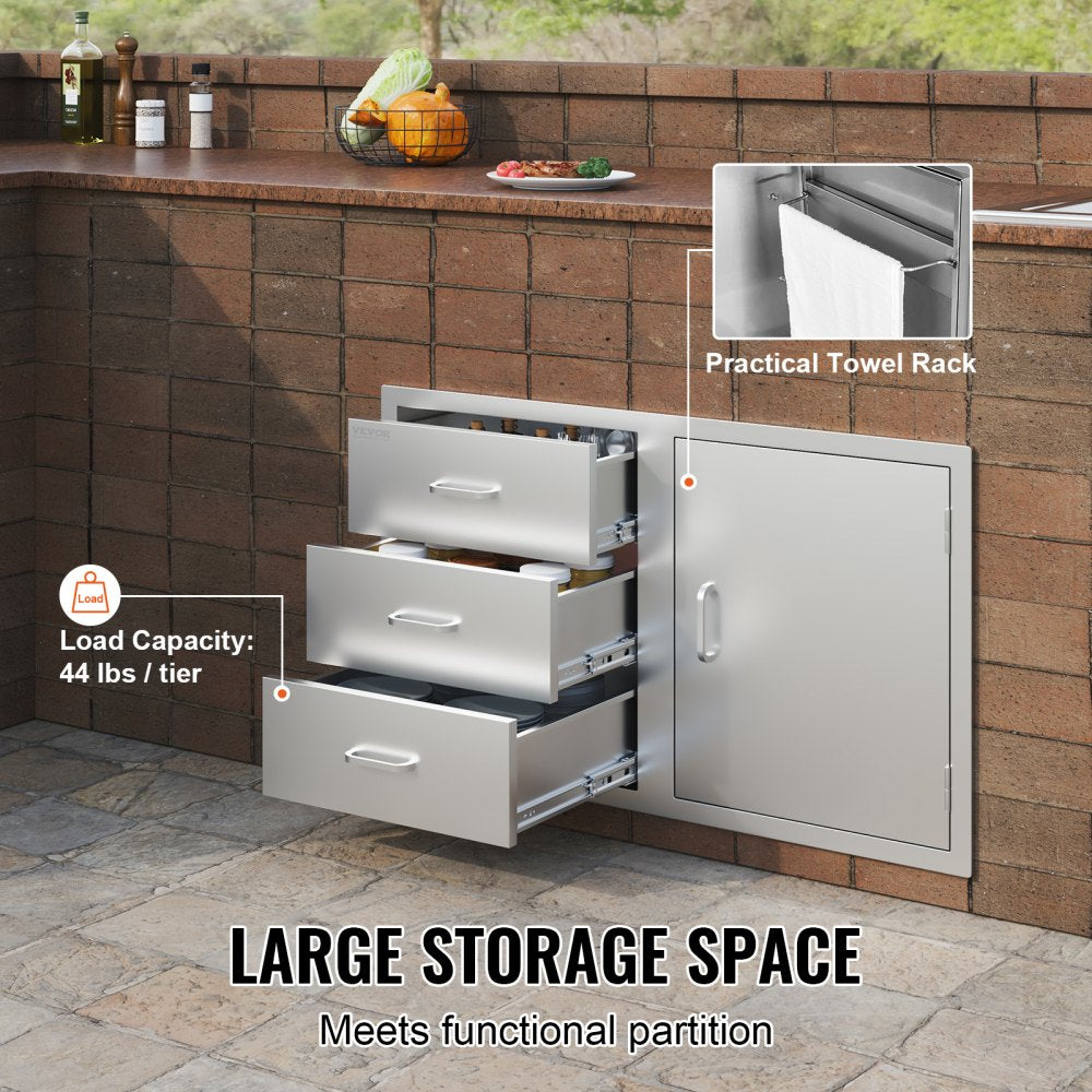 Outdoor Kitchen Door Drawer Combo 38.1``W x 22.6``H x 20.8``D, BBQ Access Door/Triple Drawers Combo with Stainless Steel Handles, Perfect for BBQ Island Patio Grill Station