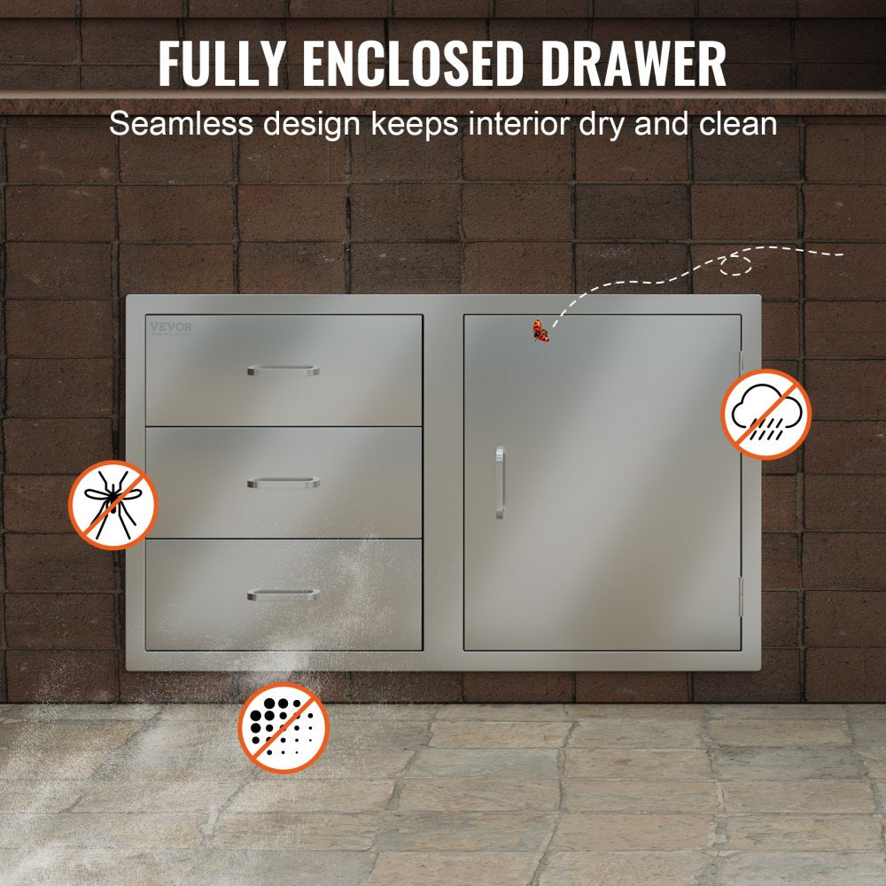 Outdoor Kitchen Door Drawer Combo 38.1``W x 22.6``H x 20.8``D, BBQ Access Door/Triple Drawers Combo with Stainless Steel Handles, Perfect for BBQ Island Patio Grill Station
