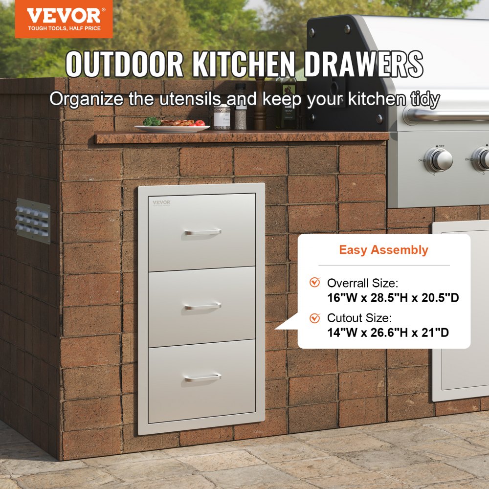 Outdoor Kitchen Drawers 16" W x 28.5" H x 20.5" D, Flush Mount Triple Access BBQ Drawers Stainless Steel with Handle, BBQ Island Drawers for Outdoor Kitchens or Patio Grill Station