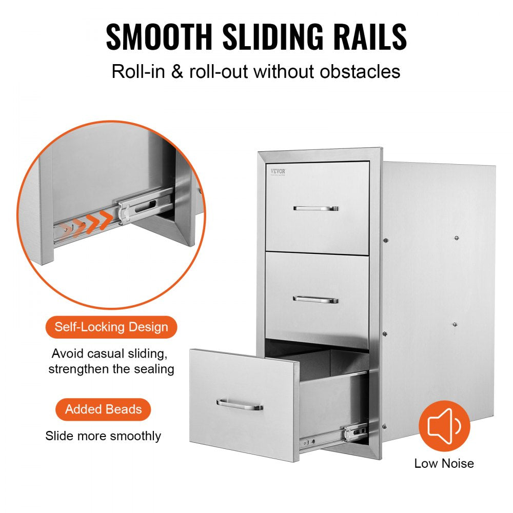Outdoor Kitchen Drawers 16" W x 28.5" H x 20.5" D, Flush Mount Triple Access BBQ Drawers Stainless Steel with Handle, BBQ Island Drawers for Outdoor Kitchens or Patio Grill Station