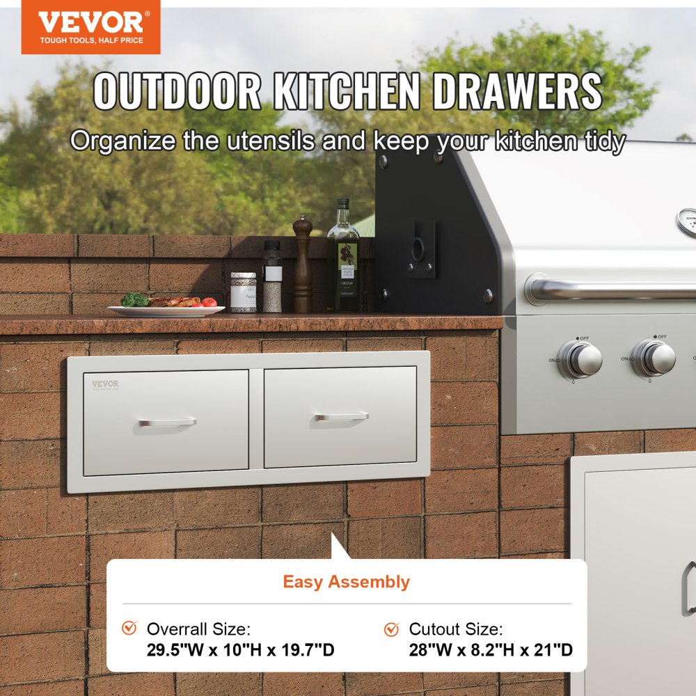 Outdoor Kitchen Drawers 30" W x 10" H x 20" D, Horizontal Double BBQ Access Drawers Stainless Steel with Handle, BBQ Island Drawers for Outdoor Kitchens or Patio Grill Station