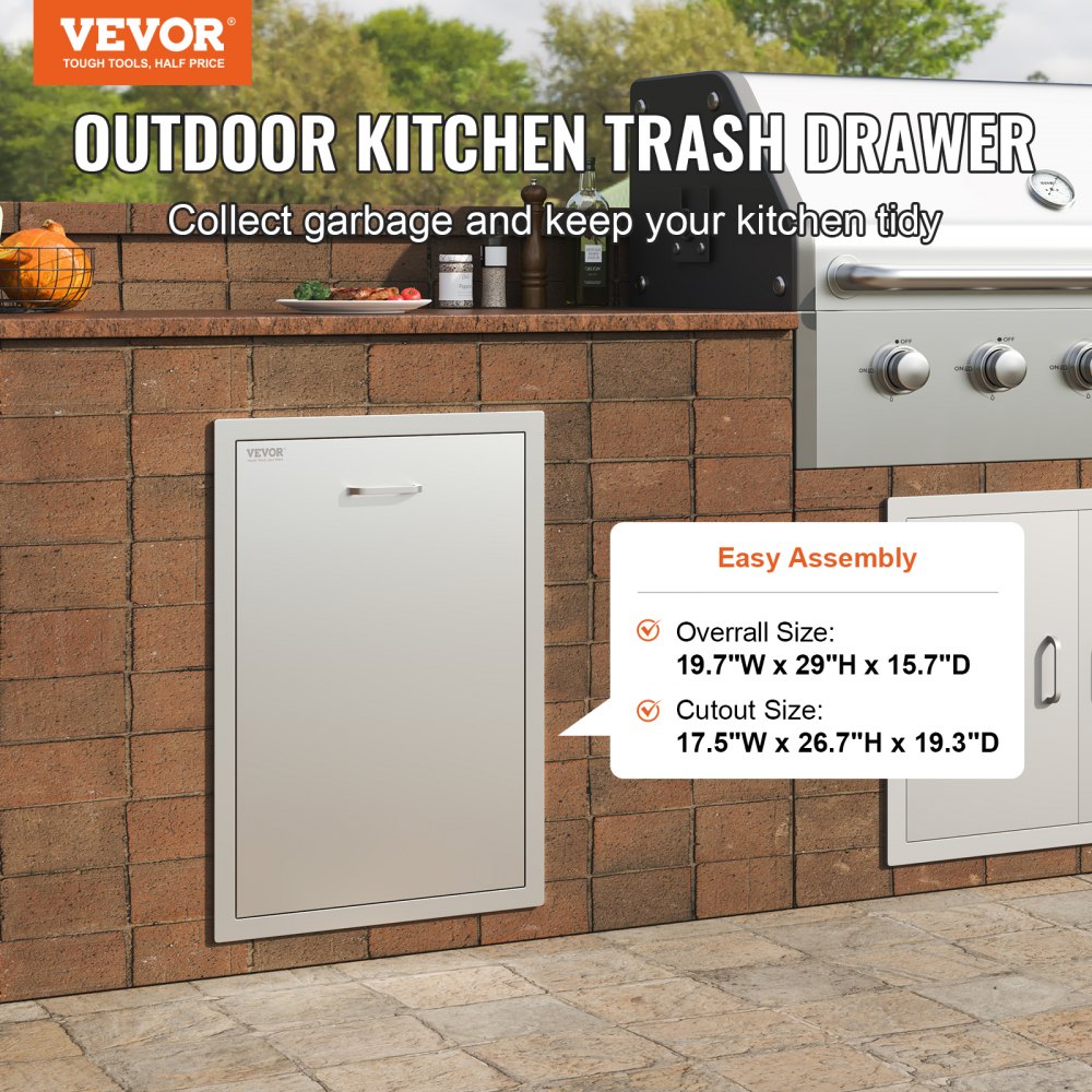 Pull Out Trash Drawer 19.7W x 26.5H Inch Outdoor Kitchen Drawers Stainless Steel with Trash Bag Ring for BBQ Island or Grill Station