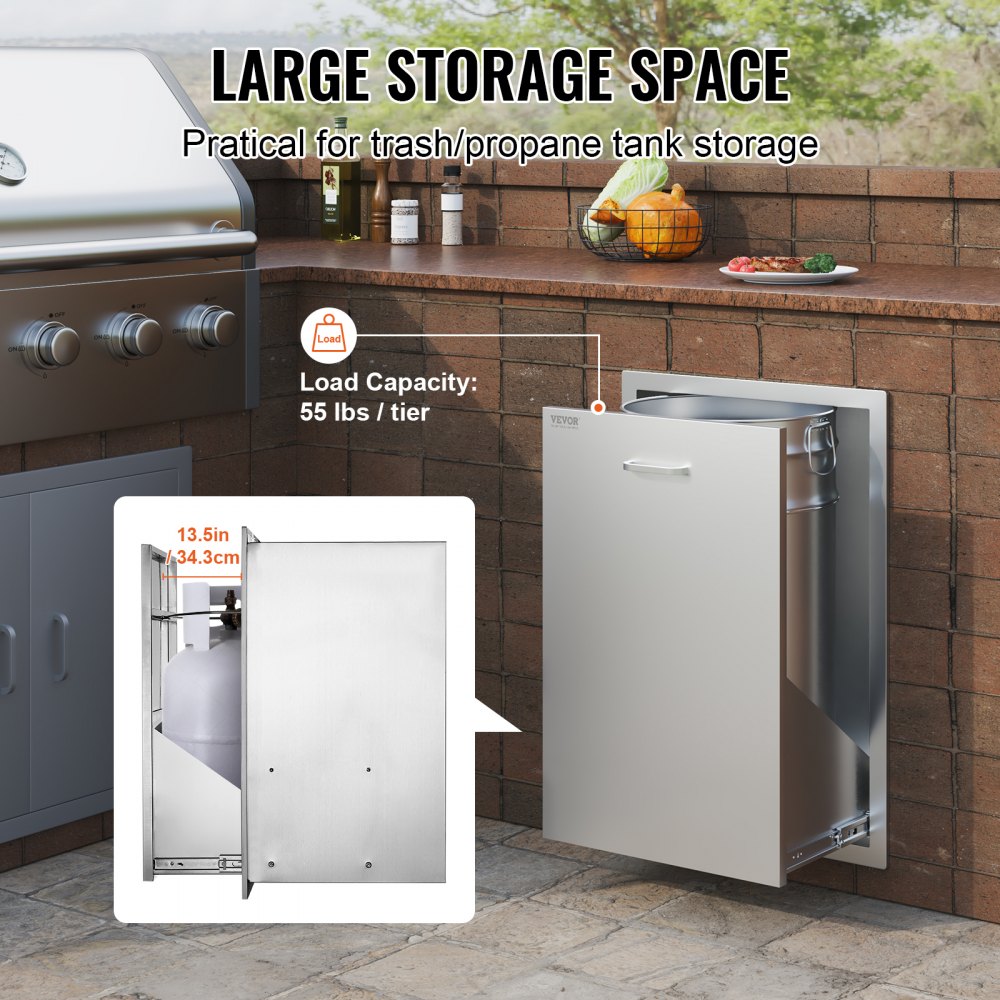 Pull Out Trash Drawer 19.7W x 26.5H Inch Outdoor Kitchen Drawers Stainless Steel with Trash Bag Ring for BBQ Island or Grill Station