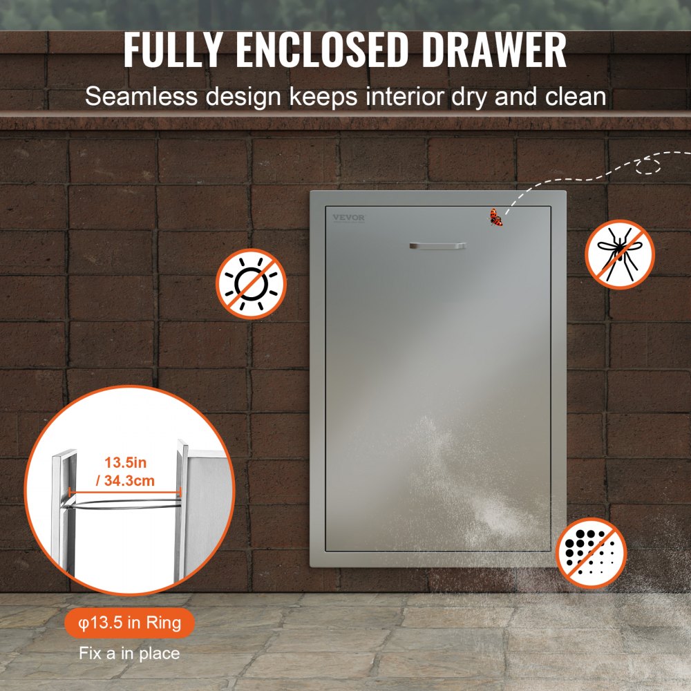 Pull Out Trash Drawer 19.7W x 26.5H Inch Outdoor Kitchen Drawers Stainless Steel with Trash Bag Ring for BBQ Island or Grill Station