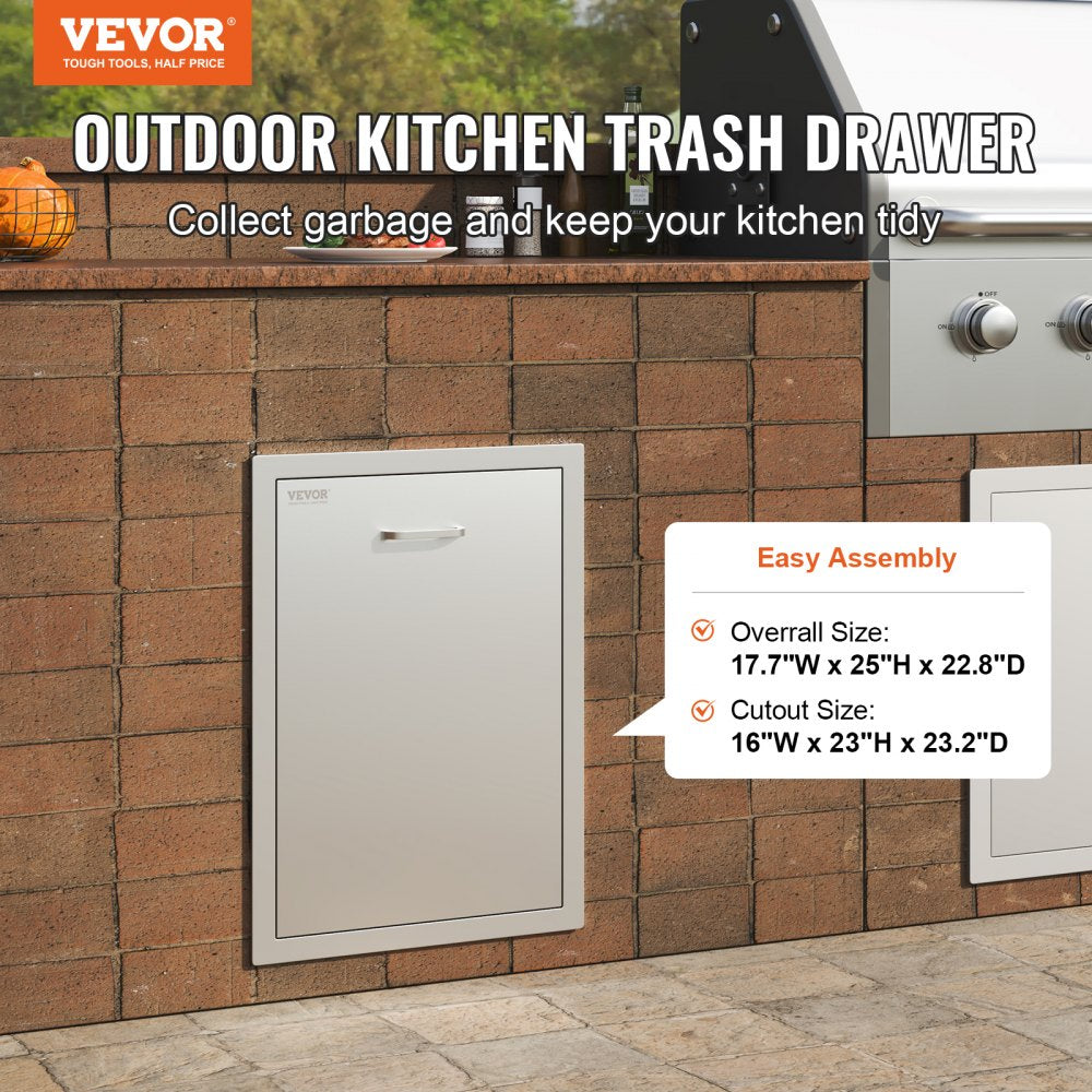 Pull Out Trash Drawer 17.7x22.8 Inch Raised Style Trash Bin with Pull-Out Tray Stainless Steel Trash Drawer with Handle for Outdoor Kitchen BBQ Island