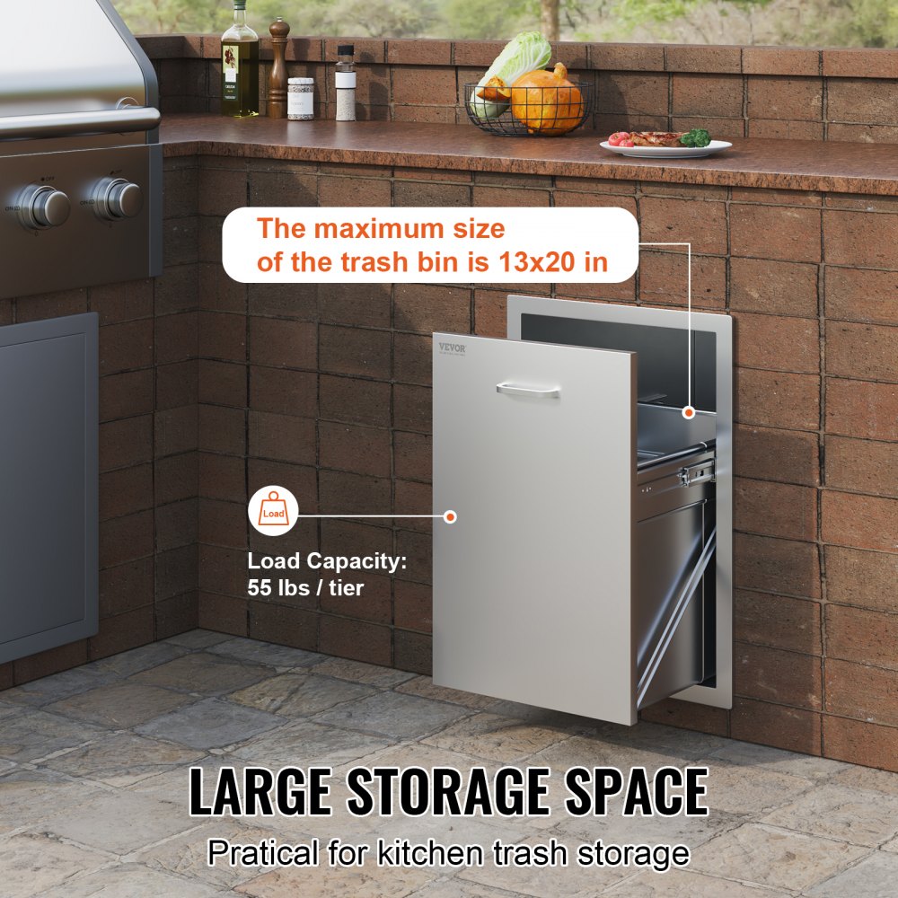 Pull Out Trash Drawer 17.7x22.8 Inch Raised Style Trash Bin with Pull-Out Tray Stainless Steel Trash Drawer with Handle for Outdoor Kitchen BBQ Island