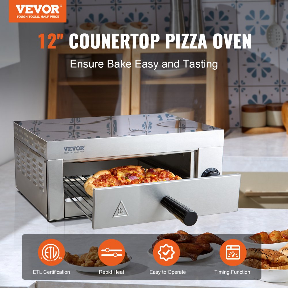 Electric Countertop Pizza Oven 12-inch, 1500W Commercial Pizza Oven with 0-60 Minutes Timer, Stainless Steel Pizza Maker with Removable Crumb Tray for Commercial and Home Use, ETL Certified