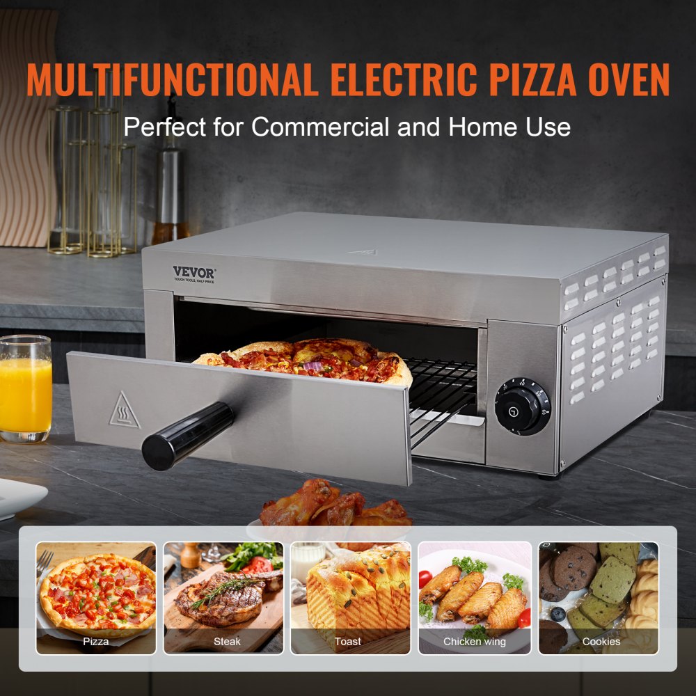 Electric Countertop Pizza Oven 12-inch, 1500W Commercial Pizza Oven with 0-60 Minutes Timer, Stainless Steel Pizza Maker with Removable Crumb Tray for Commercial and Home Use, ETL Certified