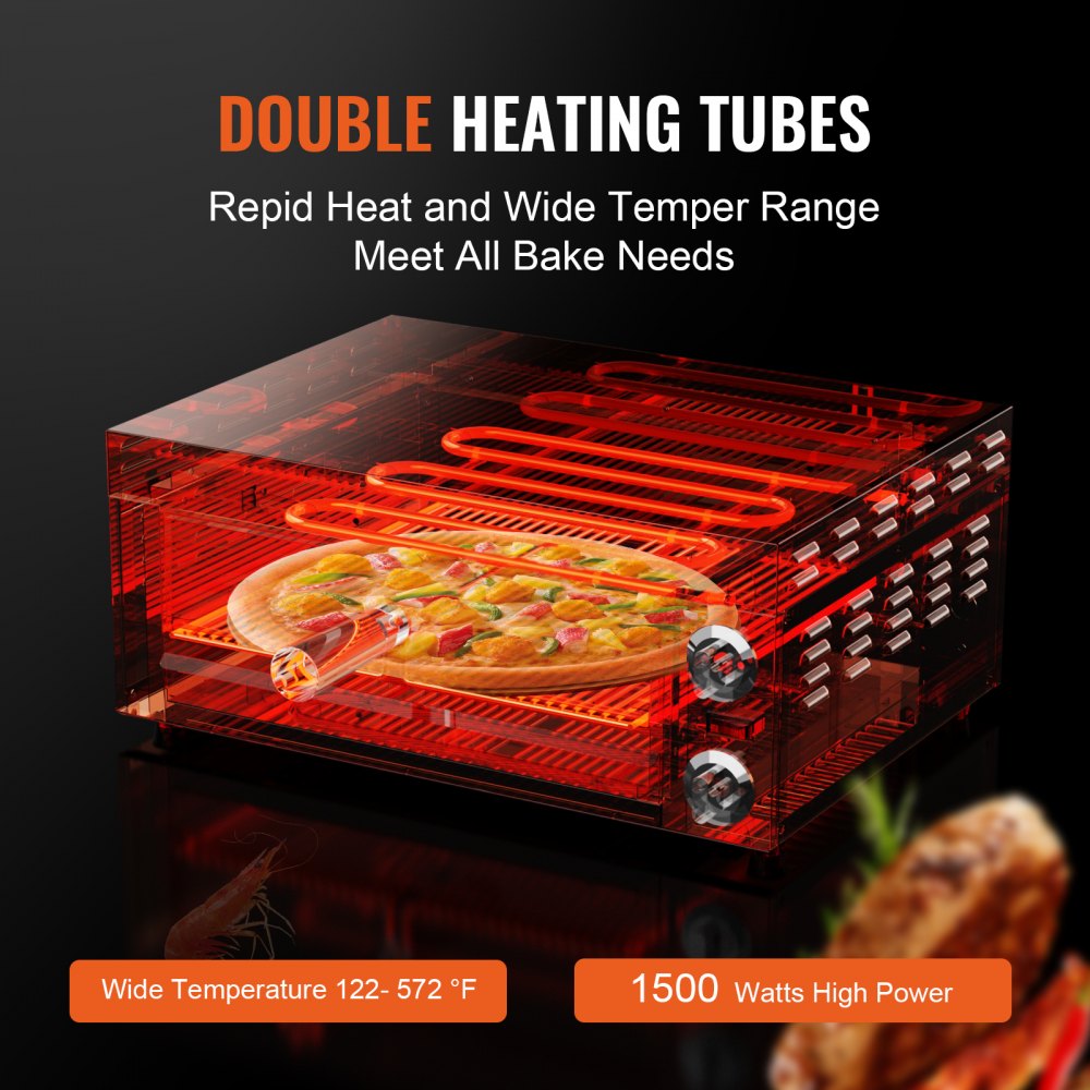Electric Countertop Pizza Oven 12-inch, 1500W Commercial Pizza Oven with Adjustable Temp, 0-60 Minutes Timer, 360° Uniform Baking Pizza Maker & Removable Crumb Tray for Commercial and Home Use