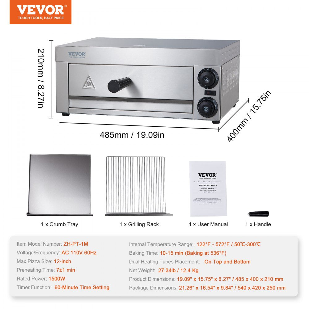 Electric Countertop Pizza Oven 12-inch, 1500W Commercial Pizza Oven with Adjustable Temp, 0-60 Minutes Timer, 360° Uniform Baking Pizza Maker & Removable Crumb Tray for Commercial and Home Use