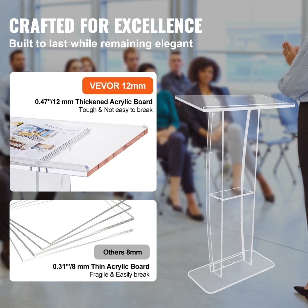 Acrylic Podium, 47" Clear Acrylic Podium Stand with Wide Reading Surface & Storage Shelf, Floor-standing Clear Pulpits Acrylic for Church Office School