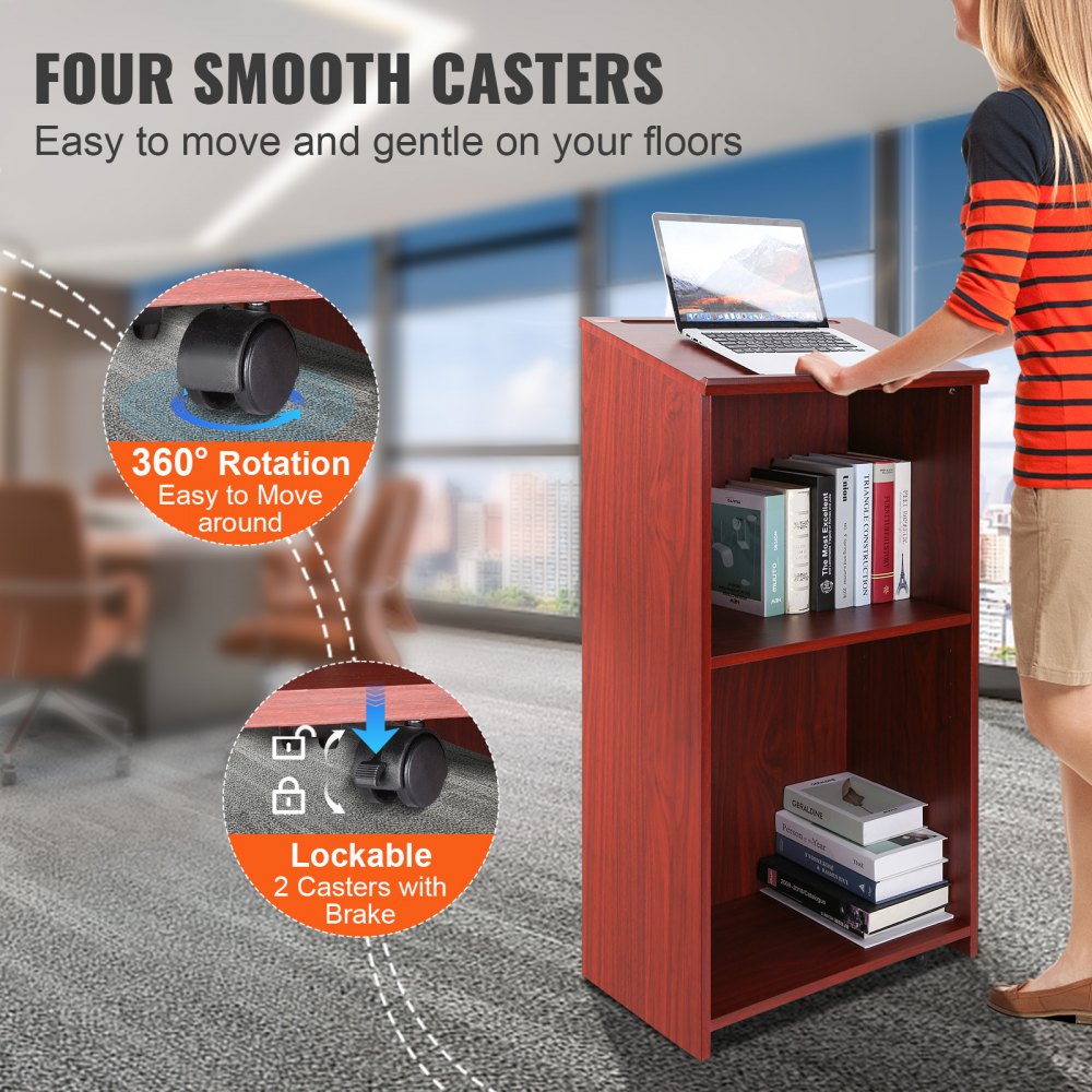 Podium Stand, 47 inch Hostess Stand with 4 Rolling Wheels, Wood Podium with Storage Shelves and Slant Desktop, Lecterns & Podiums for Home, Office, School, Church, Brown