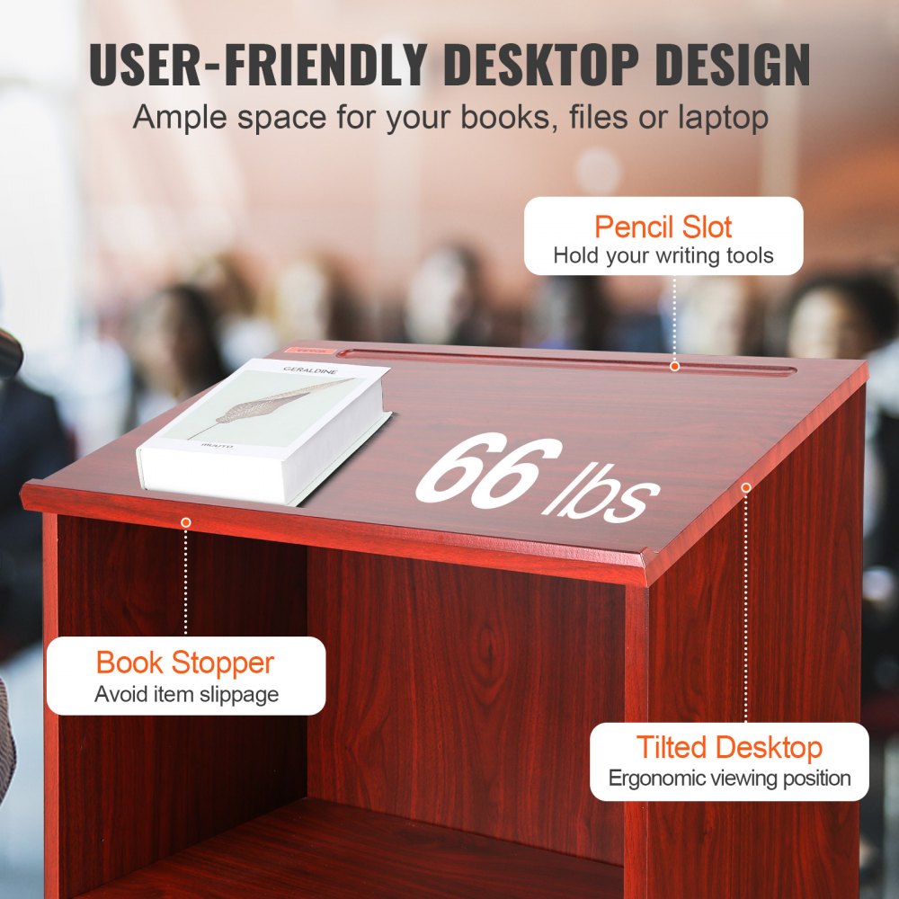 Podium Stand, 47 inch Hostess Stand with 4 Rolling Wheels, Wood Podium with Storage Shelves and Slant Desktop, Lecterns & Podiums for Home, Office, School, Church, Brown
