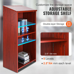 Podium Stand, 47 inch Hostess Stand with 4 Rolling Wheels, Wood Podium with Storage Shelves and Slant Desktop, Lecterns & Podiums for Home, Office, School, Church, Brown