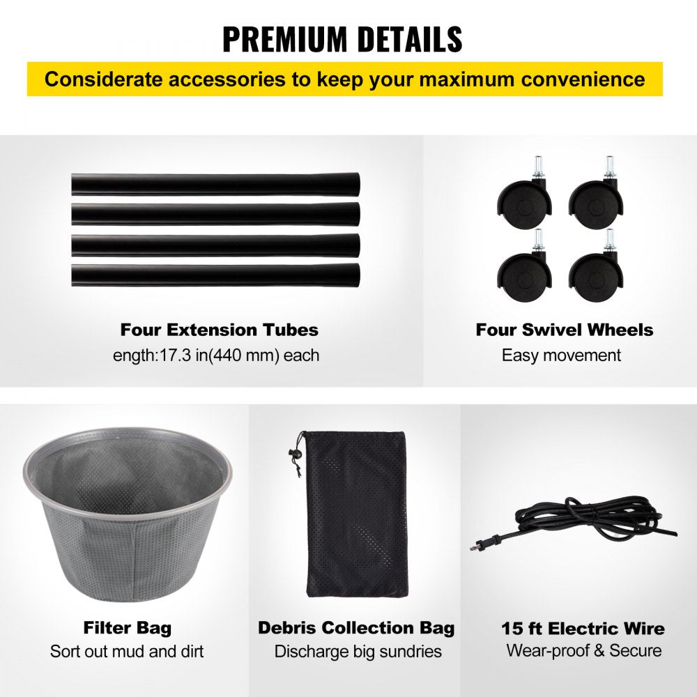 Pond Vacuum Cleaner, 1400W Motor in Single Chamber Suction System, 120V Motor w/15 ft Electric Wire, 4 Brush Heads, 4 Extended Tubes, 1 Filter Bag for Multi-use Cleaning Above Ground