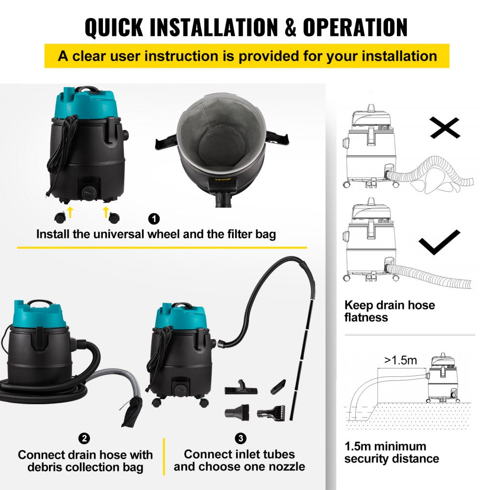 Pond Vacuum Cleaner, 1400W Motor in Single Chamber Suction System, 120V Motor w/15 ft Electric Wire, 4 Brush Heads, 4 Extended Tubes, 1 Filter Bag for Multi-use Cleaning Above Ground
