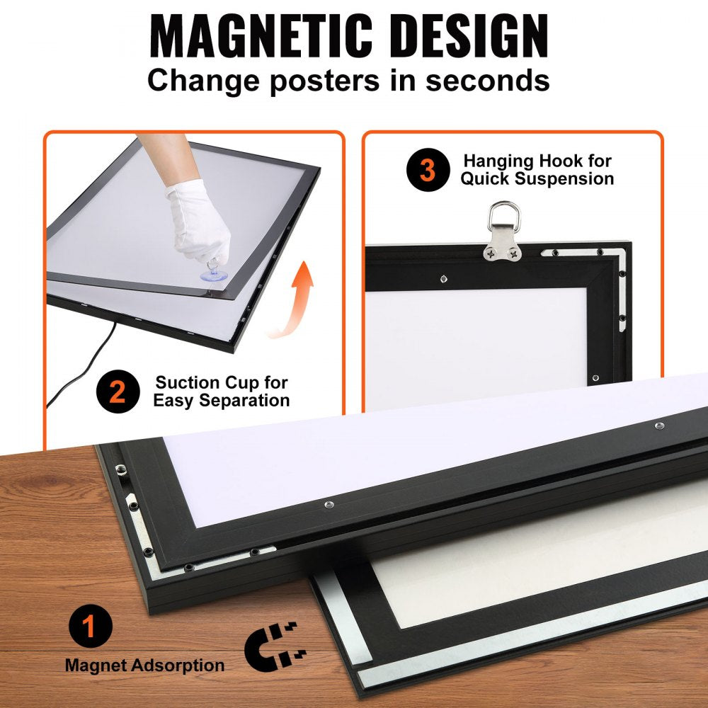 LED Poster Frame - Black 27x40\ Aluminum with Backlighting for Advertising Display, Wall Sign, Single Unit (Horizontal/Vertical)