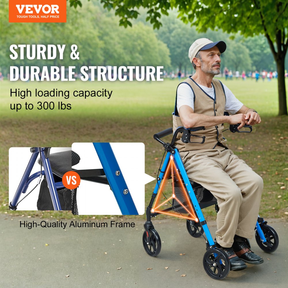 Rollator Walker for Seniors and Adult, Lightweight Aluminum Foldable Rolling Walker with Adjustable Seat and Handle, Outdoor Mobility Rollator Walker with 8" All Terrain Wheels, 300LBS Capacity