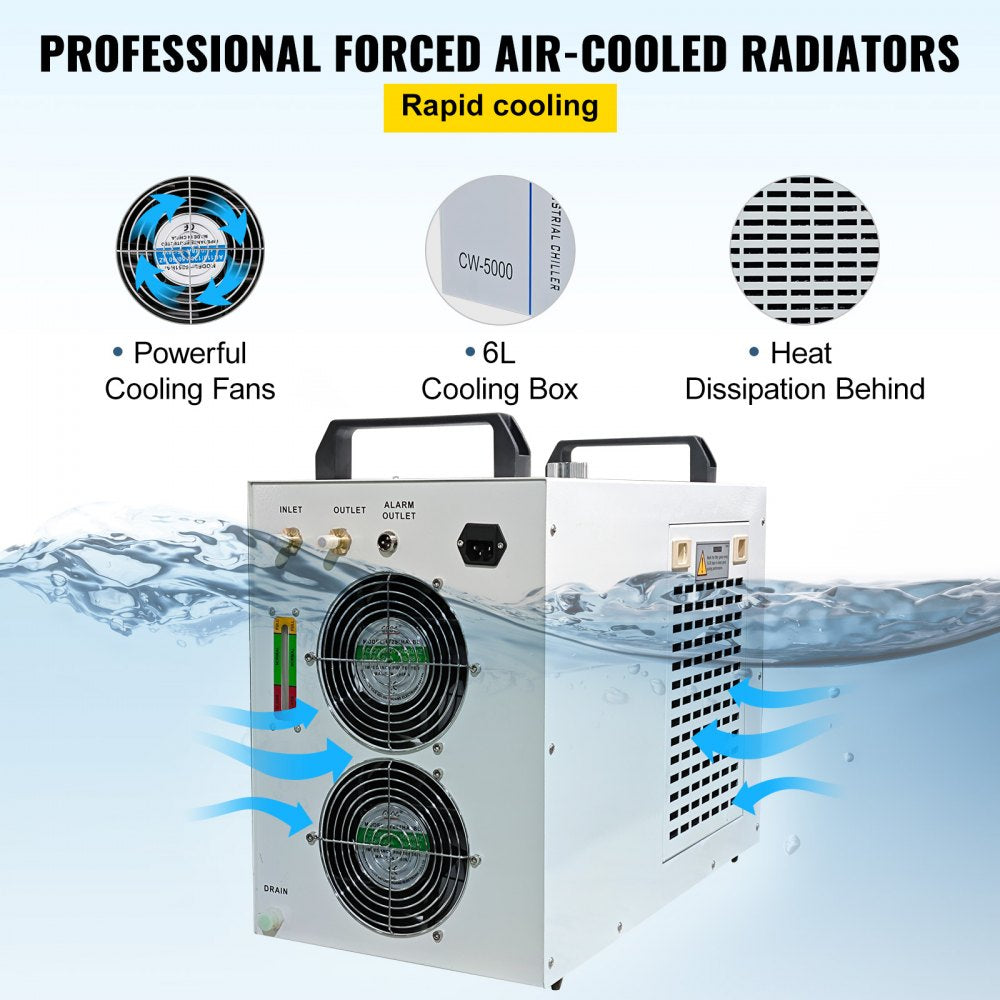 Industrial water chiller with a 6L tank, dual cooling fans, and precise thermostat for laser engravers.