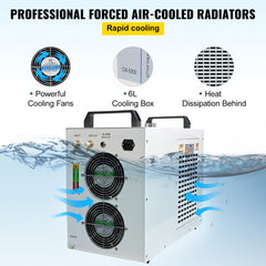 Industrial water chiller with a 6L tank, dual cooling fans, and precise thermostat for laser engravers.