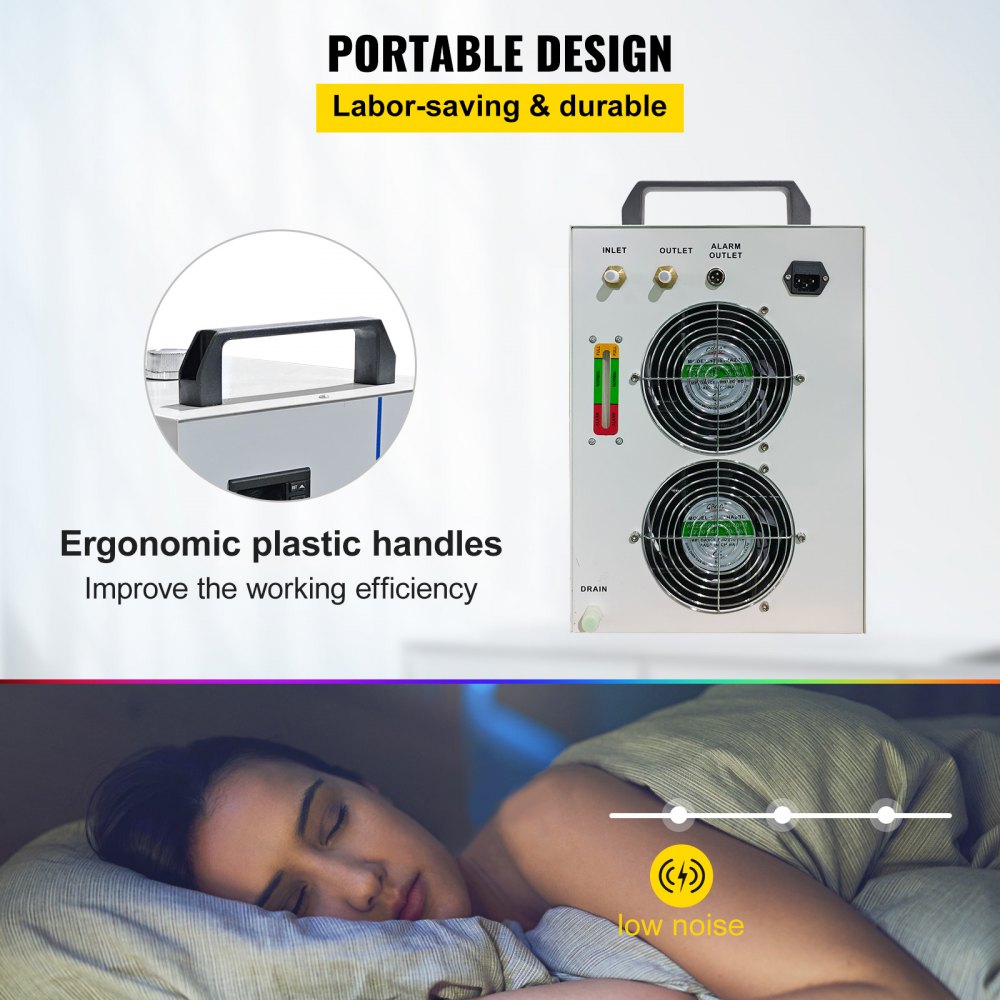 Industrial water chiller with a 6L tank, dual cooling fans, and precise thermostat controls.