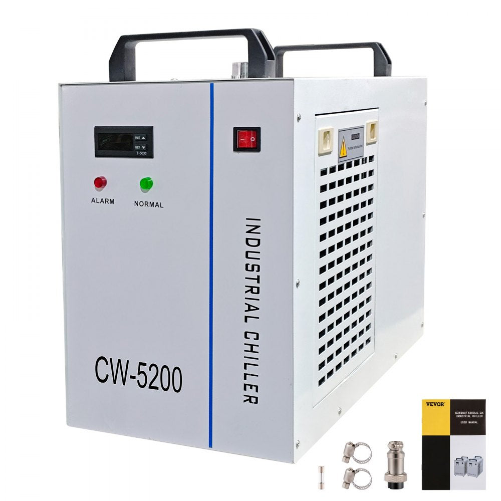 Industrial water chiller with a 6L tank, dual fans, and precise thermostat for CO2 lasers.