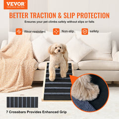 A small dog climbs a wooden adjustable folding ramp with seven crossbars for grip, placed on a couch.