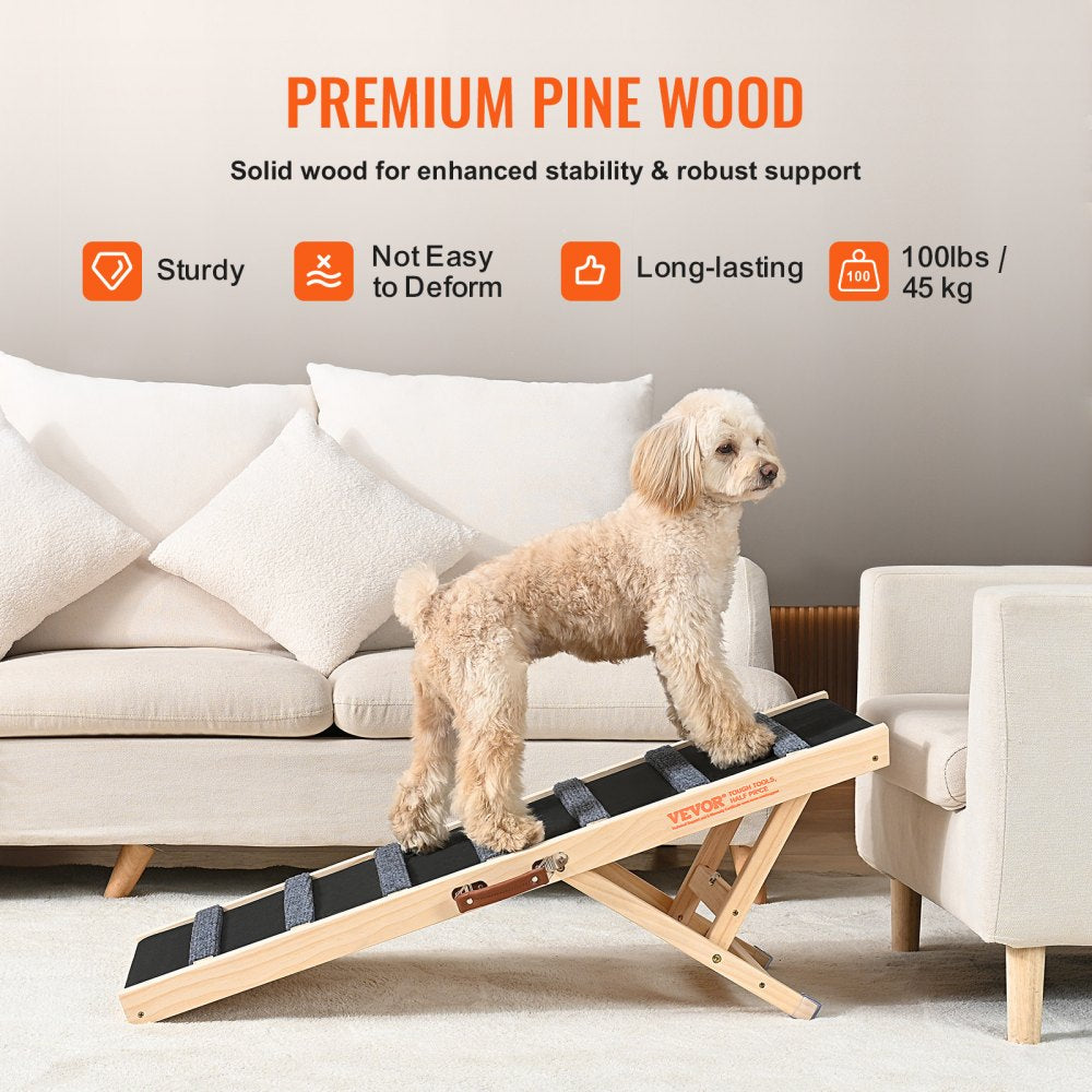 A beige poodle stands on a folding wooden dog ramp with black treads, set against a white couch.