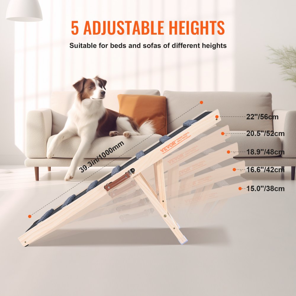 Wooden adjustable dog ramp with 5 heights from 15 to 22 inches, folding for beds and cars.