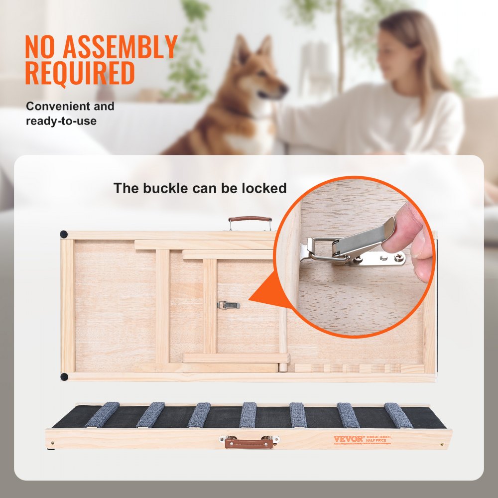 A wooden dog ramp is shown folded, with a buckle detail and a top view of its textured surface.