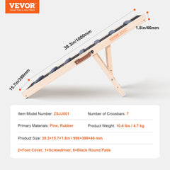 Wooden adjustable folding dog ramp, 39.3 inches long, with 7 crossbars and rubber grip.