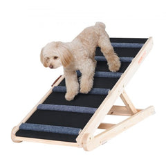 Folding wooden dog ramp with adjustable heights and non-slip surface for easy pet access.