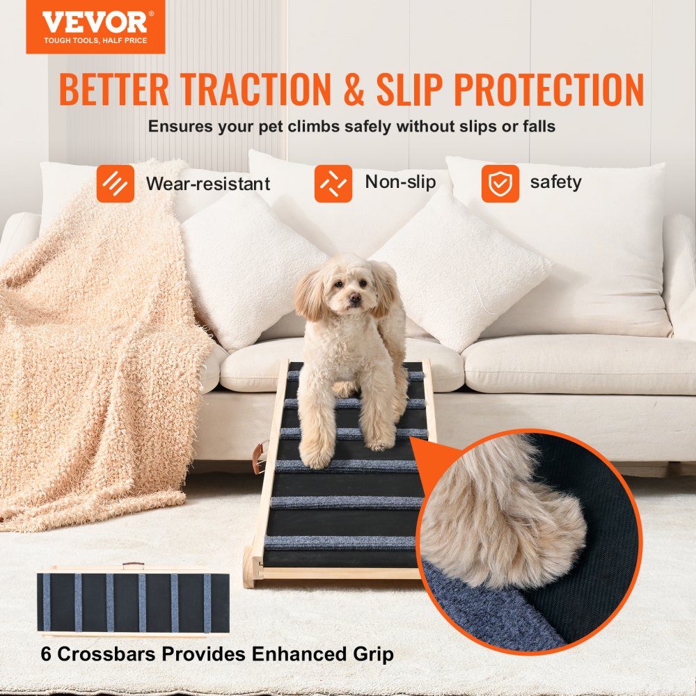 Folding wooden dog ramp with adjustable height and non-slip surface for easy pet access.