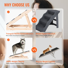 Folding wooden dog ramp with adjustable heights, rubber carpet, and sturdy pine construction.