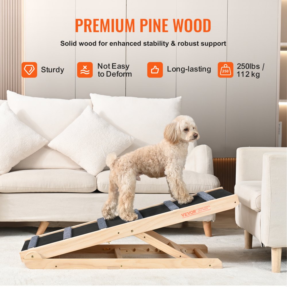 Folding wooden dog ramp with adjustable heights and non-slip surface for easy pet access.